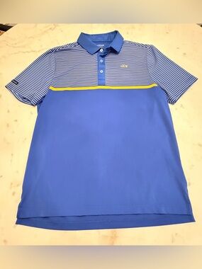 Good Good Golf Polo Mens Blue Yellow Stripe Performance Shirt Short Sleeve Sz M
